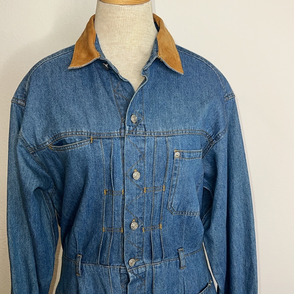 Nieman Marcus Vintage Denim Leather Collar Button Up Dress - Picture 3 of 4